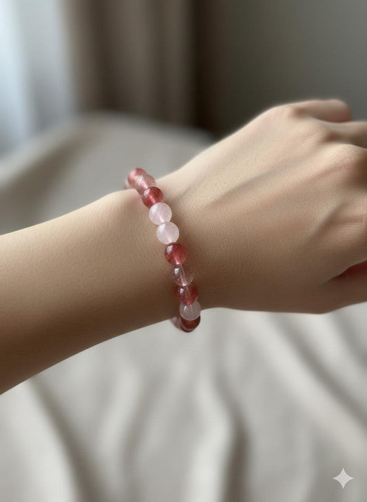 Rose and Strawberry Quartz Bracelet - Heart Chakra Crystal Jewelry Beaded Stretchy Bracelet