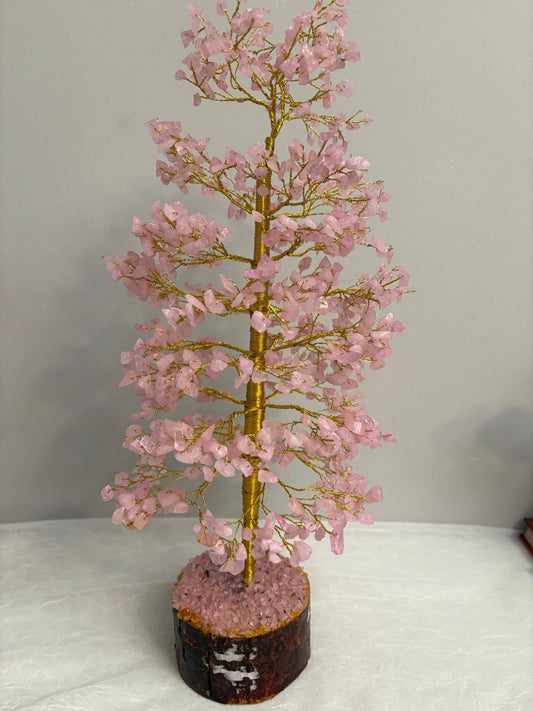 Rose Quartz Crystal Tree of Life - Gold Wire Wrap on Natural Wood Base