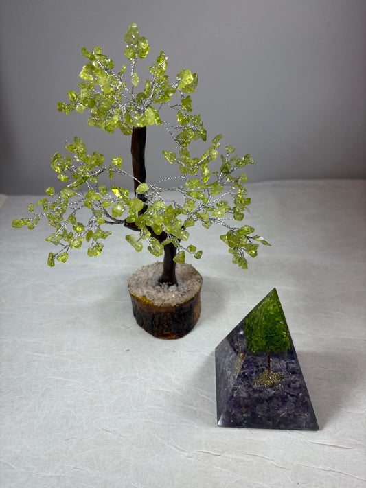 Peridot Crystal Tree & Orgone Pyramid Set | Home Decor & Spiritual Gift