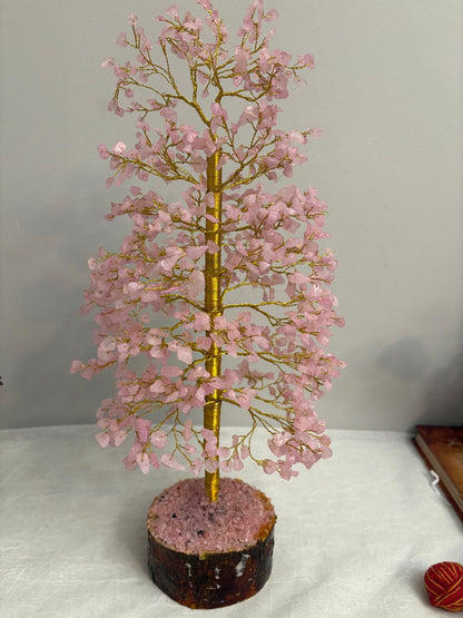 Rose Quartz Crystal Tree of Life - Gold Wire Wrap on Natural Wood Base