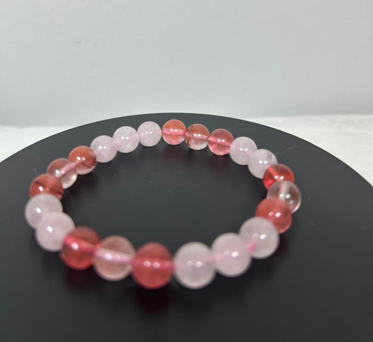 Rose and Strawberry Quartz Bracelet - Heart Chakra Crystal Jewelry Beaded Stretchy Bracelet