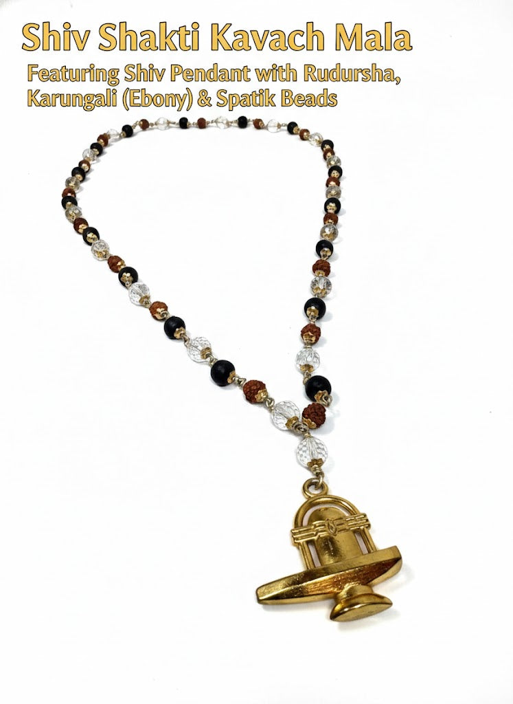 Shiv Shakti Kavach Necklace/Mala featuring Shivling Pendant with Rudraksha, Karungali (Ebony) & Spatik Beads