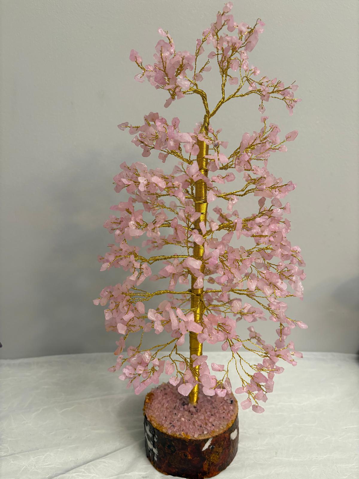 Rose Quartz Crystal Tree of Life - Gold Wire Wrap on Natural Wood Base