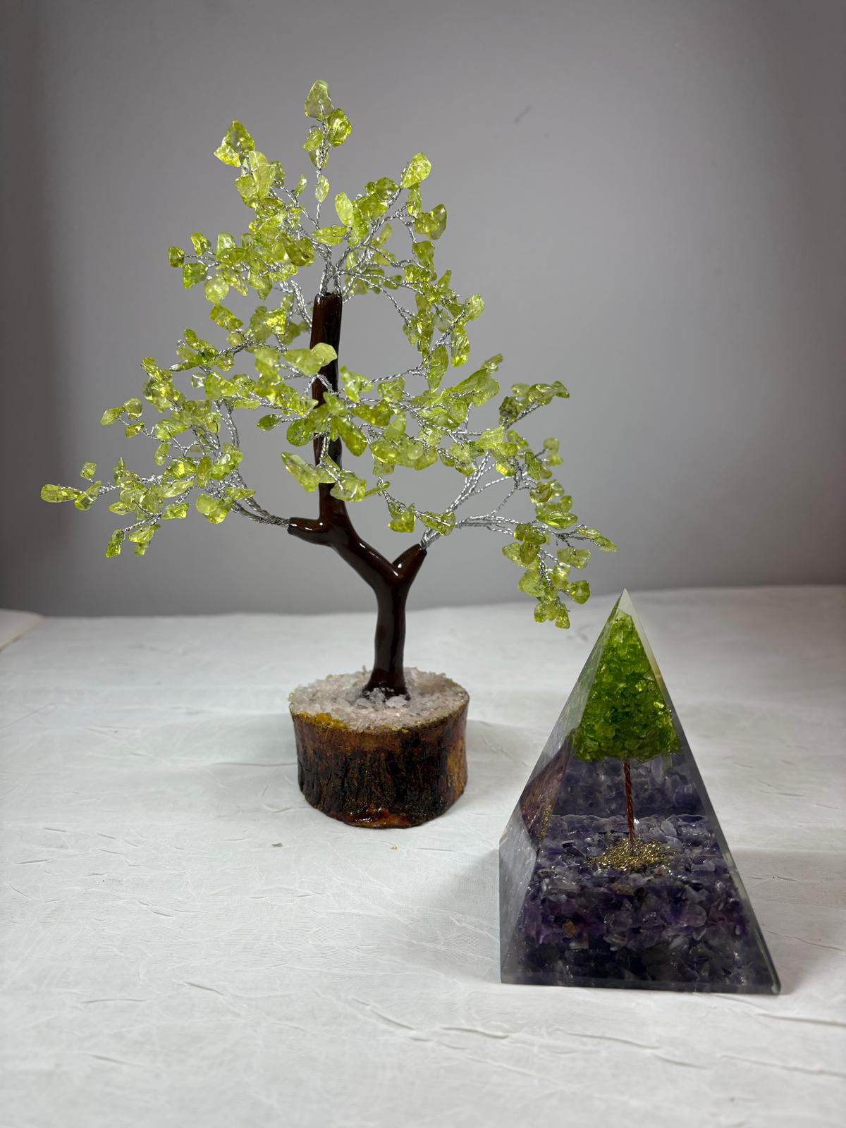 Peridot Crystal Tree &amp; Orgone Pyramid Set | Home Decor &amp; Spiritual Gift
