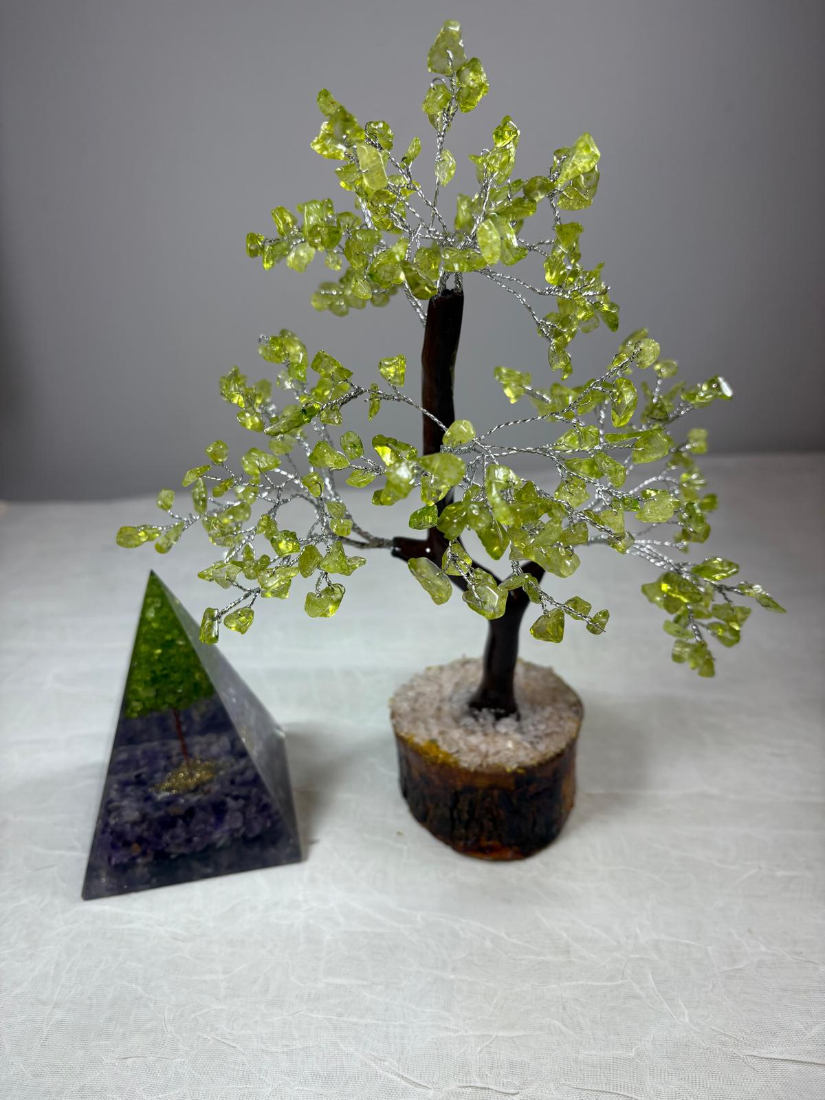 Peridot Crystal Tree &amp; Orgone Pyramid Set | Home Decor &amp; Spiritual Gift