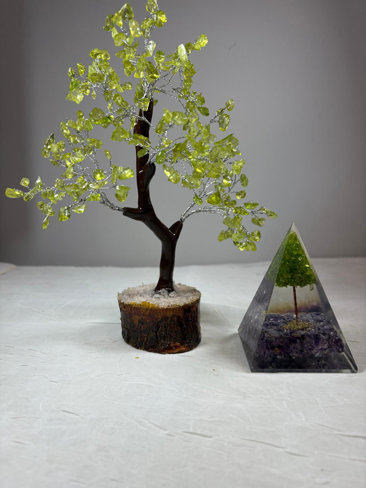 Peridot Crystal Tree &amp; Orgone Pyramid Set | Home Decor &amp; Spiritual Gift