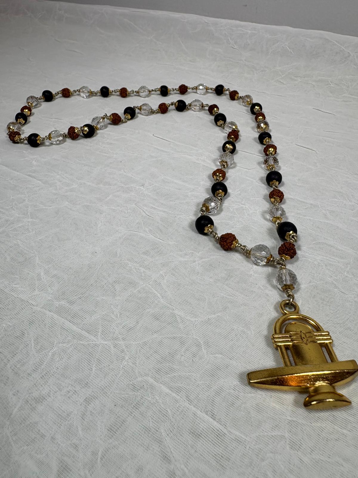 Shiv Shakti Kavach Necklace/Mala featuring Shivling Pendant with Rudraksha, Karungali (Ebony) & Spatik Beads