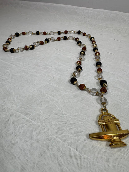 Shiv Shakti Kavach Necklace/Mala featuring Shivling Pendant with Rudraksha, Karungali (Ebony) & Spatik Beads
