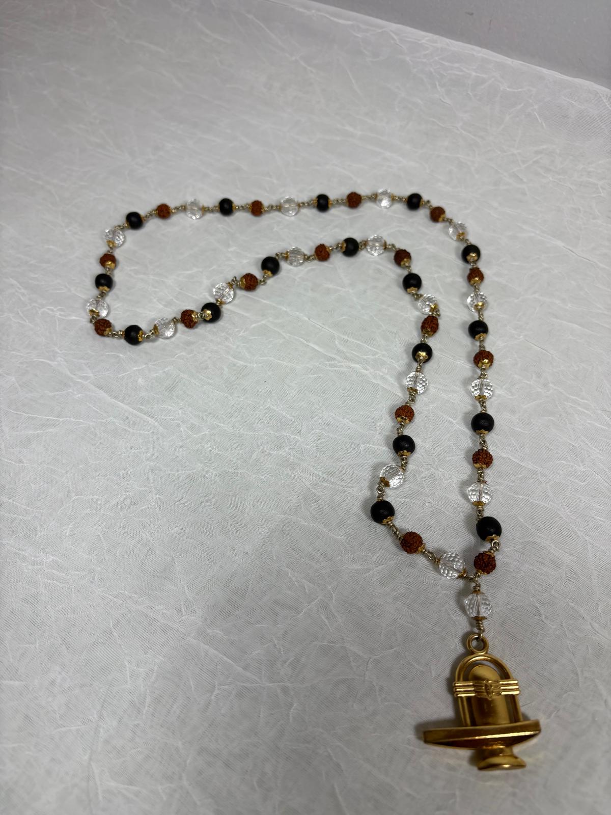 Shiv Shakti Kavach Necklace/Mala featuring Shivling Pendant with Rudraksha, Karungali (Ebony) & Spatik Beads