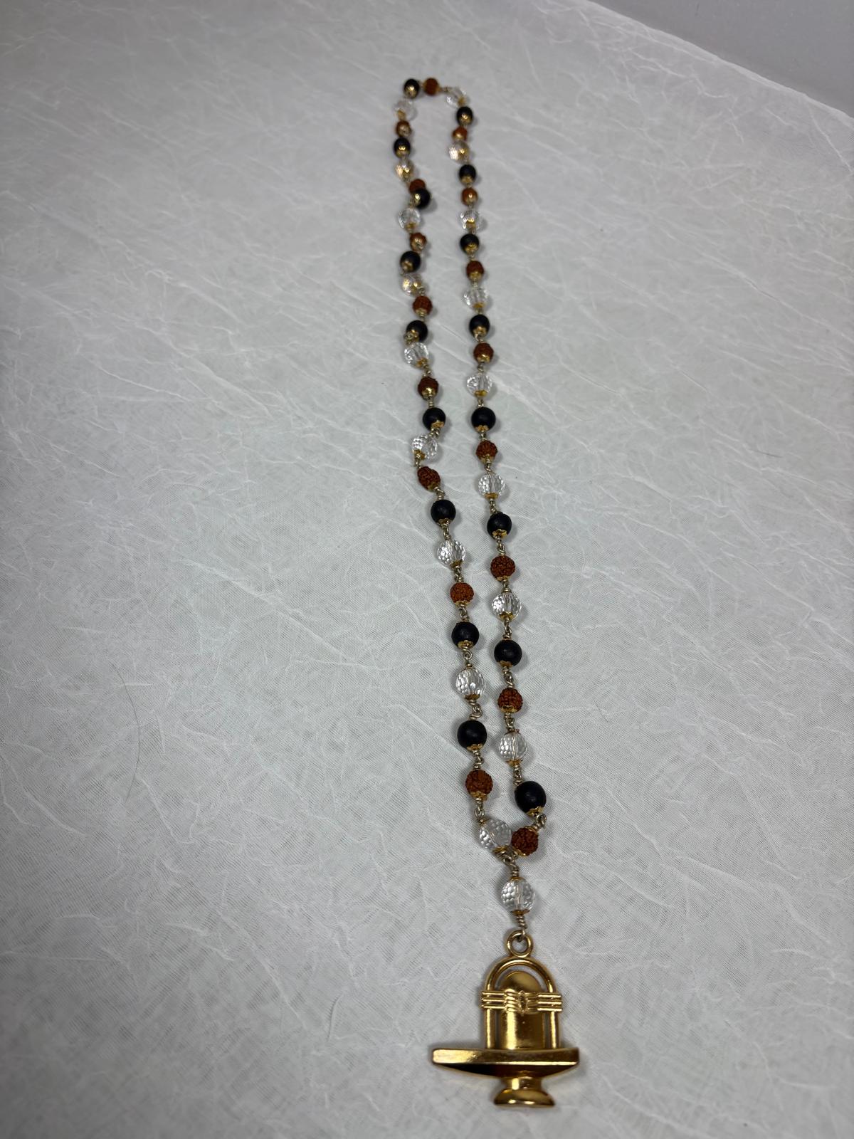 Shiv Shakti Kavach Necklace/Mala featuring Shivling Pendant with Rudraksha, Karungali (Ebony) & Spatik Beads
