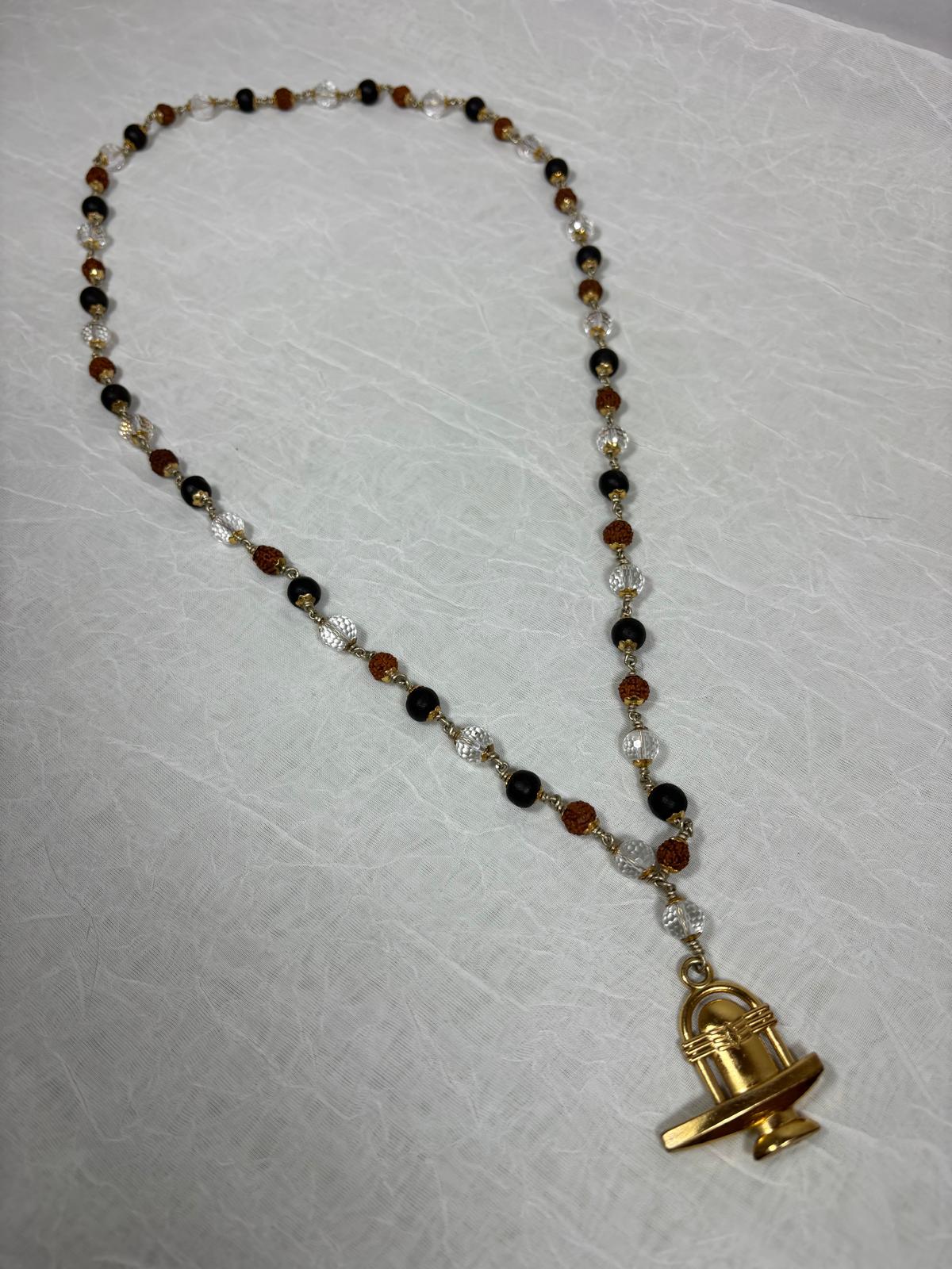 Shiv Shakti Kavach Necklace/Mala featuring Shivling Pendant with Rudraksha, Karungali (Ebony) & Spatik Beads