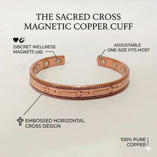 Pure Copper Magnetic Bracelet with Cross Motif | 6 Magnet Healing Therapy Cuff Bangle | Religious Faith Jewelry