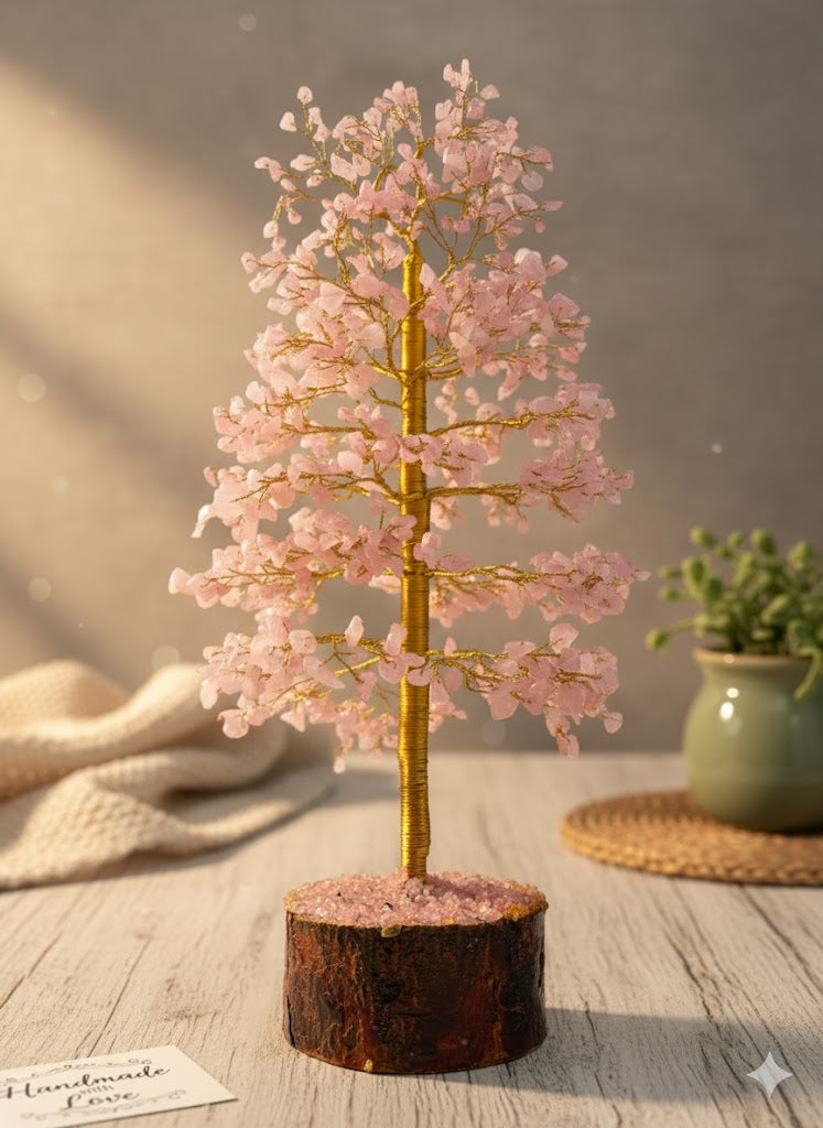 Rose Quartz Crystal Tree of Life - Gold Wire Wrap on Natural Wood Base