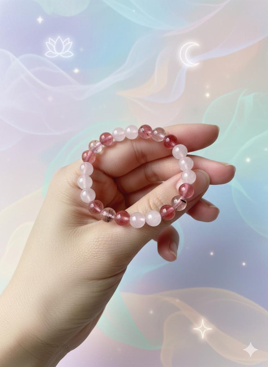 Rose and Strawberry Quartz Bracelet - Heart Chakra Crystal Jewelry Beaded Stretchy Bracelet