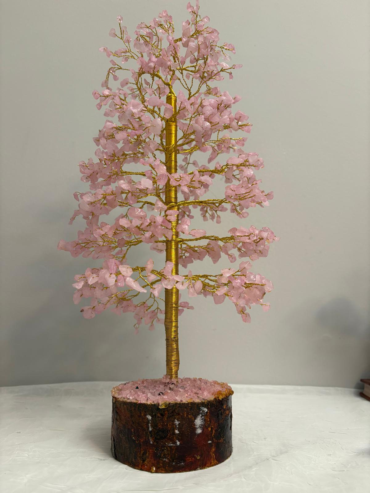 Rose Quartz Crystal Tree of Life - Gold Wire Wrap on Natural Wood Base
