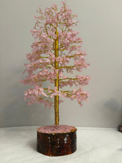 Rose Quartz Crystal Tree of Life - Gold Wire Wrap on Natural Wood Base