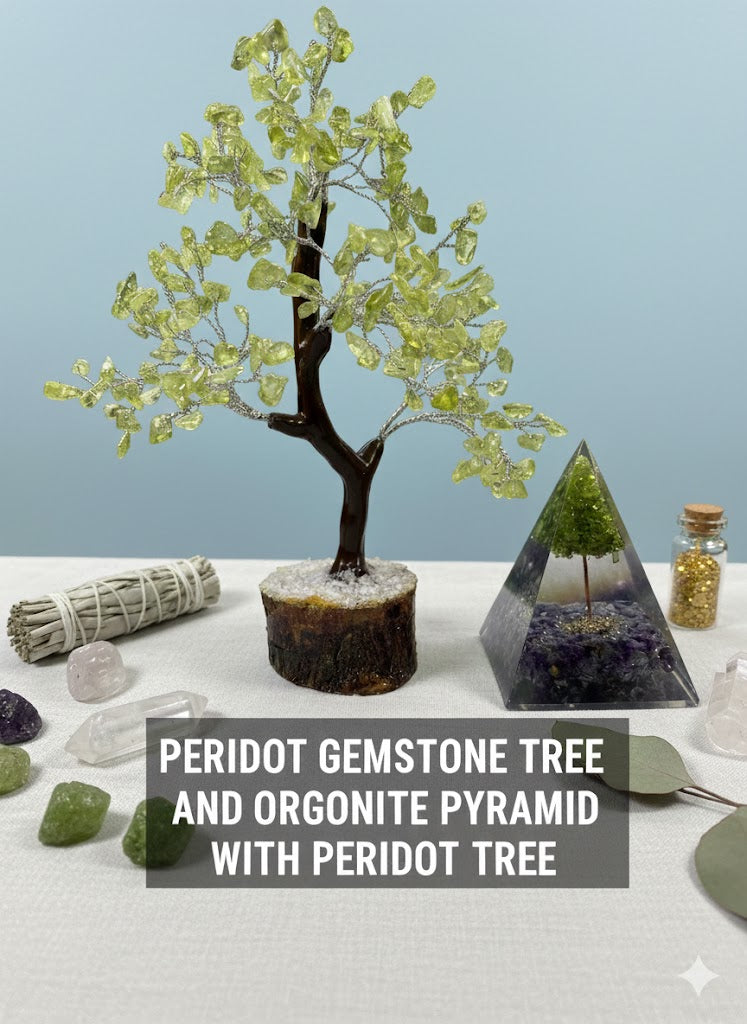 Peridot Crystal Tree &amp; Orgone Pyramid Set | Home Decor &amp; Spiritual Gift