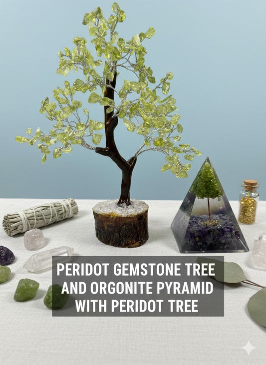 Peridot Crystal Tree &amp; Orgone Pyramid Set | Home Decor &amp; Spiritual Gift